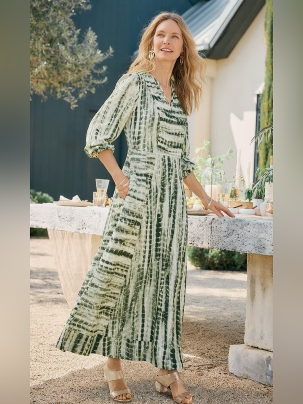 Soft Surroundings Dress Maxi Green L Tie Dye Cottage Traditional Boho